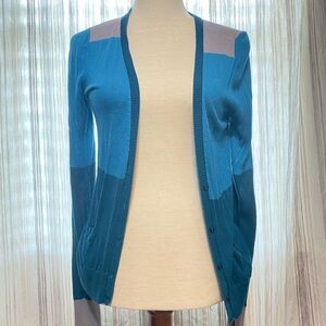Halogen size medium blue and grey color block cardigan, pockets, soft blend